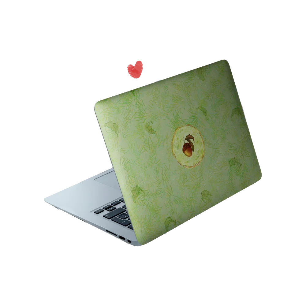 Cottagecore laptop skin featuring a detailed acorn in the center with a background of faint green and brown autumn leaves.