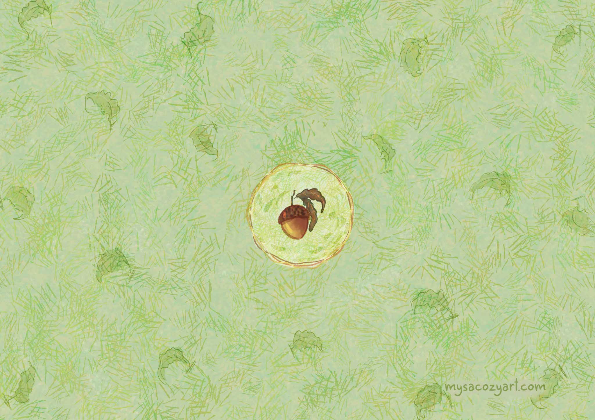 Cottagecore laptop skin featuring a detailed acorn in the center with a background of faint green and brown autumn leaves.
