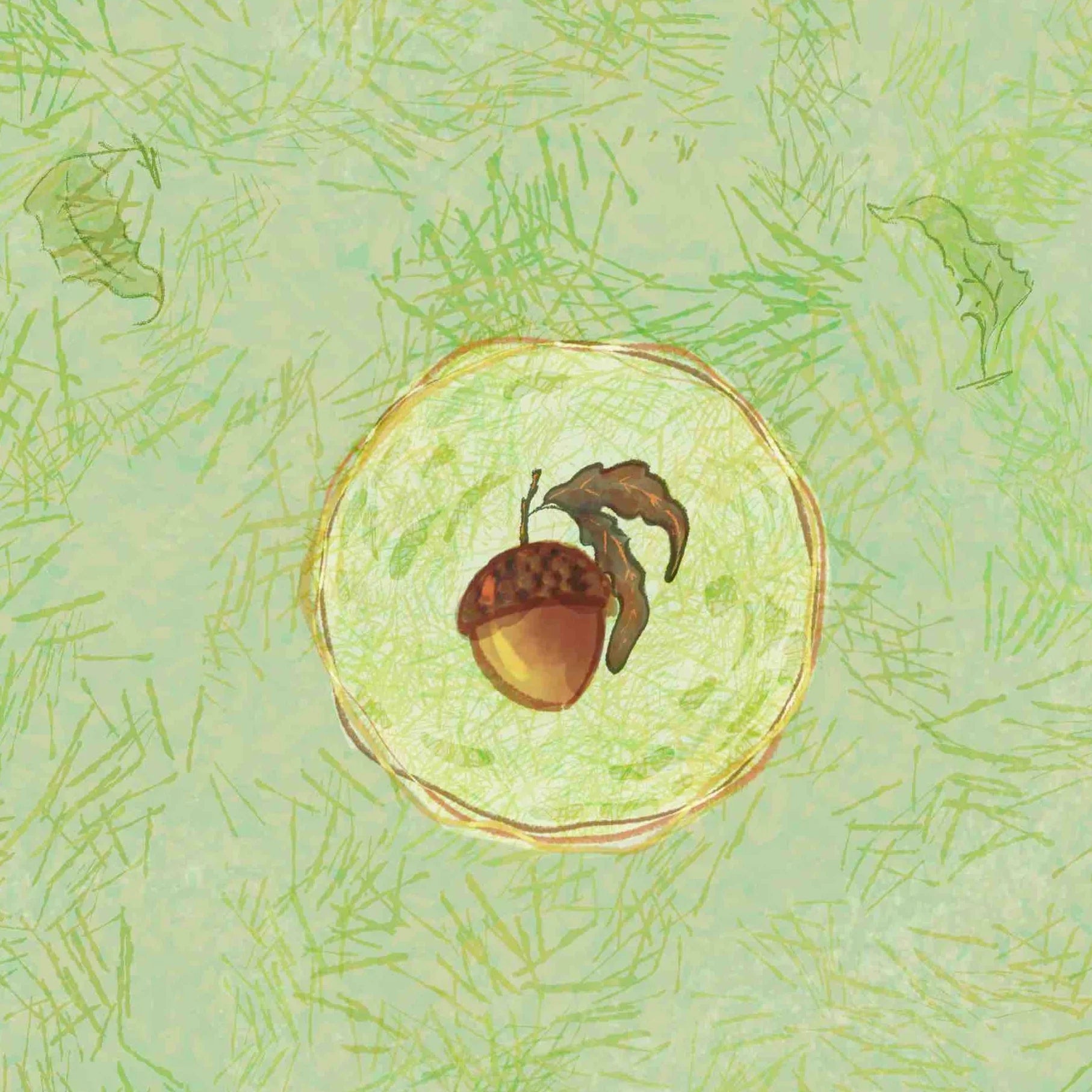 Cottagecore laptop skin featuring a detailed acorn in the center with a background of faint green and brown autumn leaves.