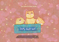 Illustration of three cute kittens peeking out of a basket hanging above the ground, cute and whimsical cat wall art
