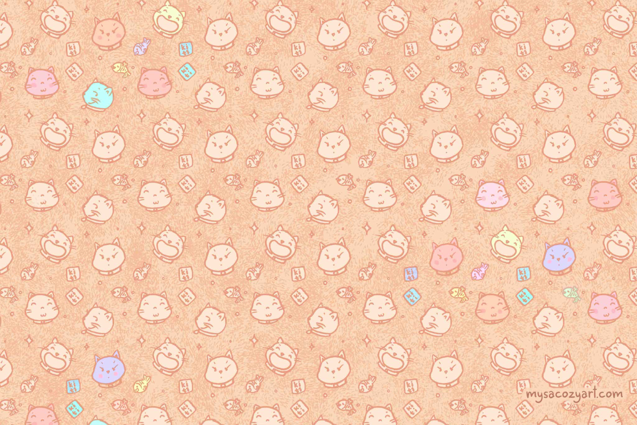 All-over pattern of various cat face expressions on a matte laptop skin, featuring sleepy, happy, and grumpy cats.