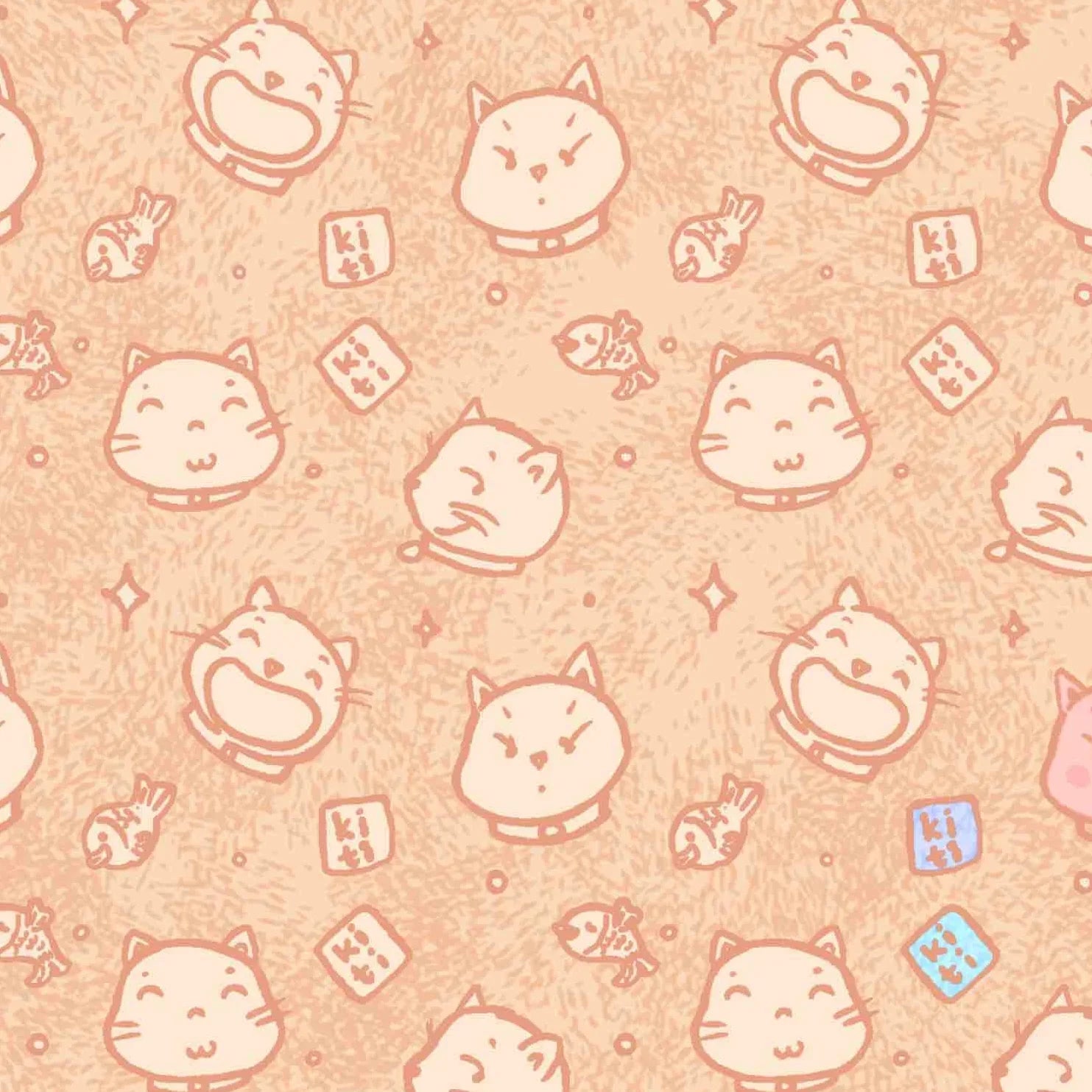 All-over pattern of various cat face expressions on a matte laptop skin, featuring sleepy, happy, and grumpy cats.