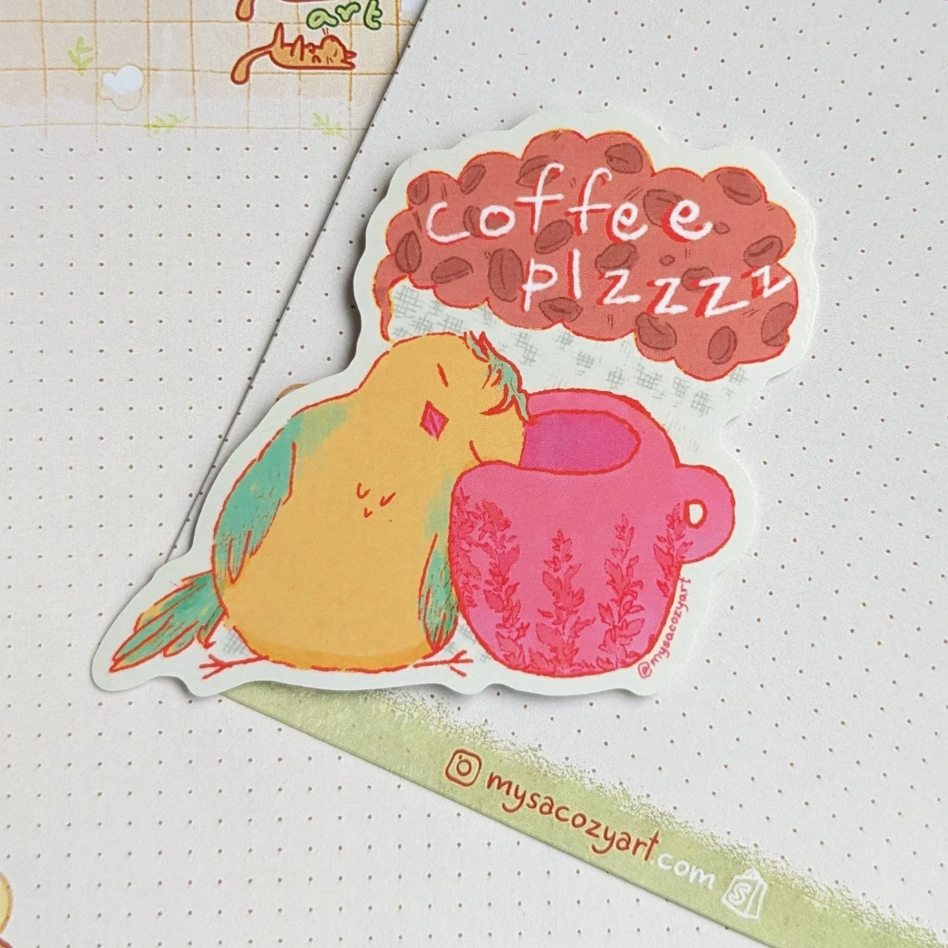 Hand-drawn sticker with the text 'Coffee Plz' and a cozy illustration.