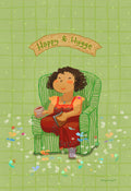 Self-care Illustration of a girl reading a book on a cozy sofa with a cup of tea, warm home decor art print.