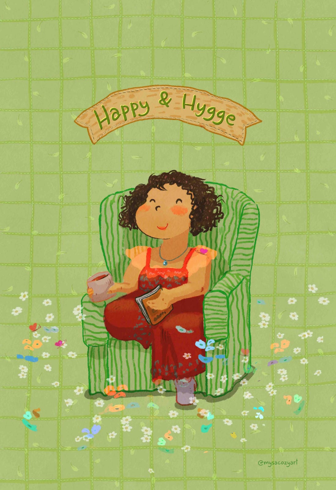 Self-care Illustration of a girl reading a book on a cozy sofa with a cup of tea, warm home decor art print.