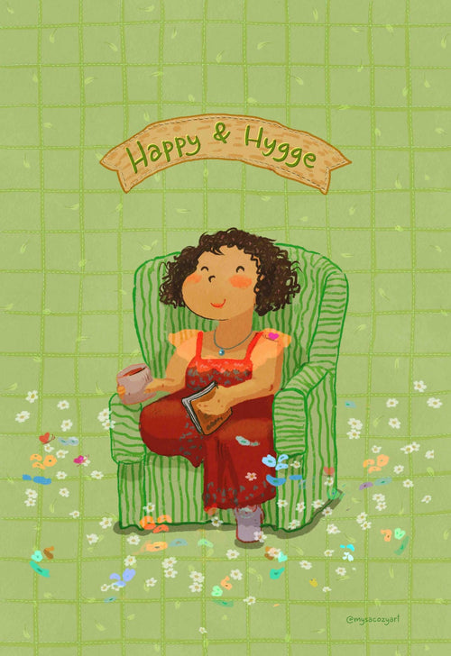 Self-care Illustration of a girl reading a book on a cozy sofa with a cup of tea, warm home decor art print.
