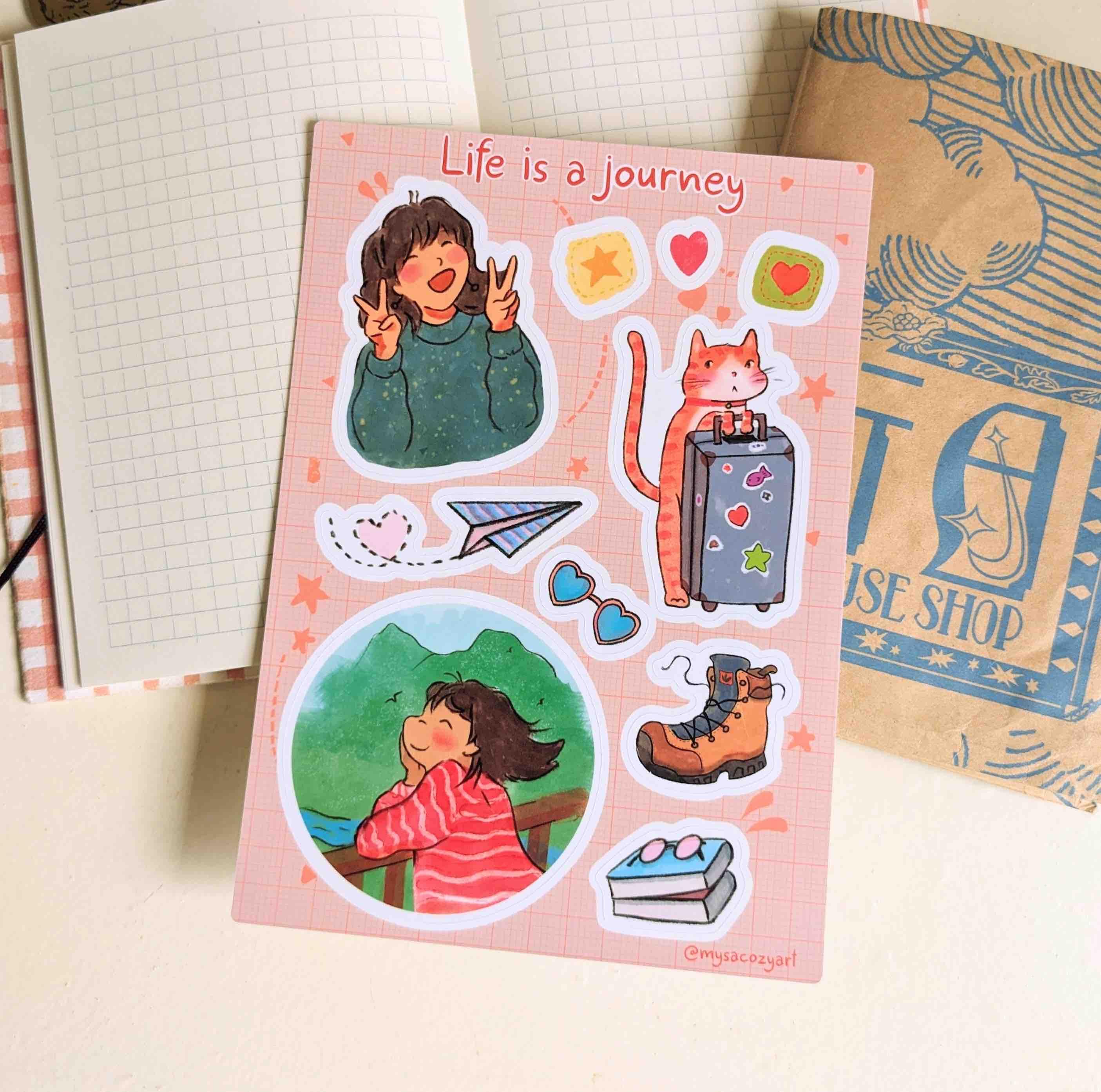 Sticker sheet featuring a girl making a victory sign, a girl on a balcony looking at trees, and a cat with a suitcase.