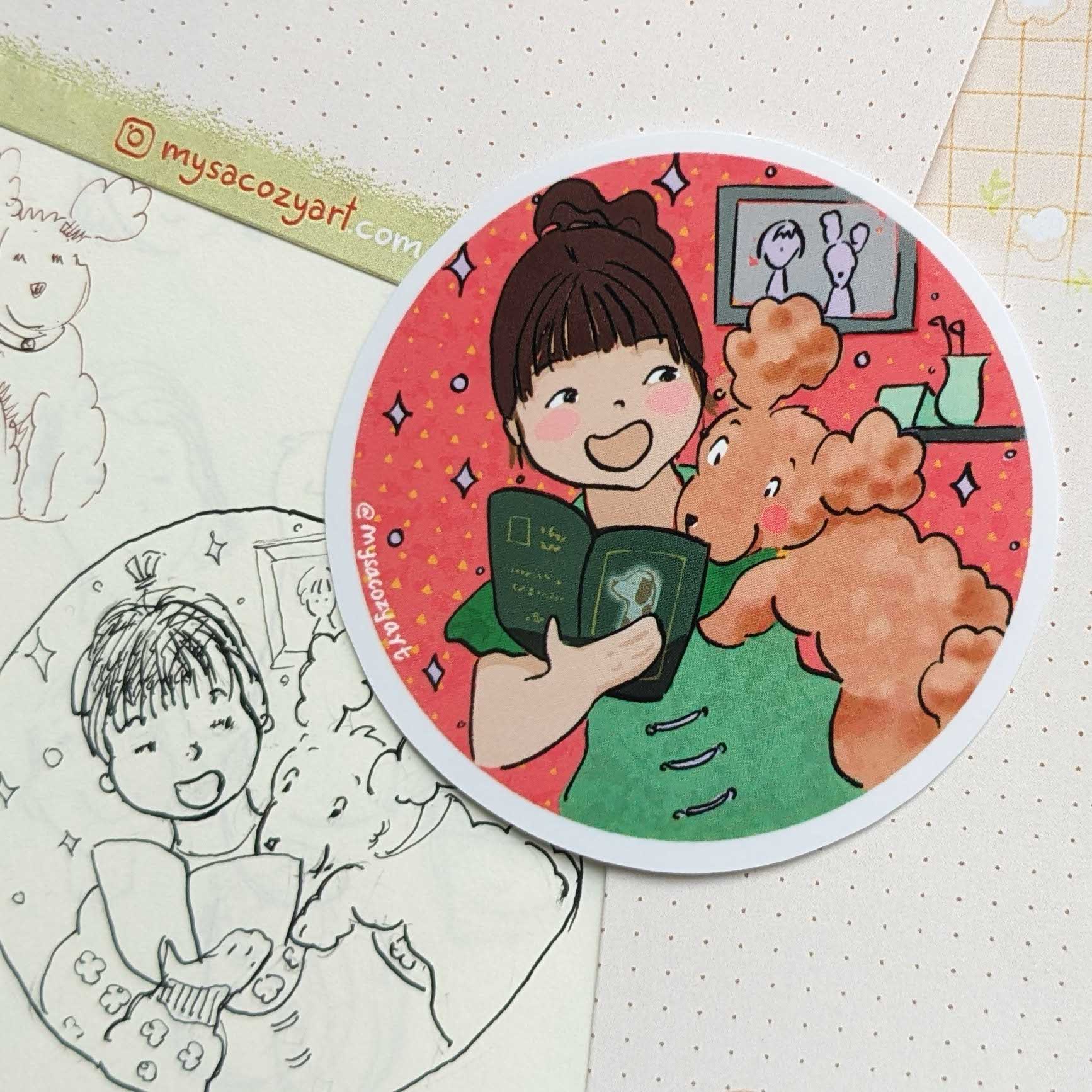 Die-cut sticker of a girl sitting and reading a book with a dog resting beside her, cozy illustration style