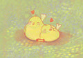 Illustration of two cute round birds snuggling on a branch, matte art print.