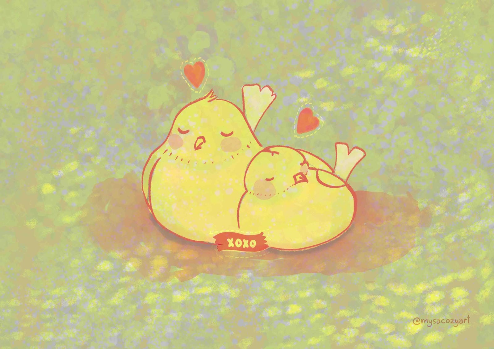 Illustration of two cute round birds snuggling on a branch, matte art print.