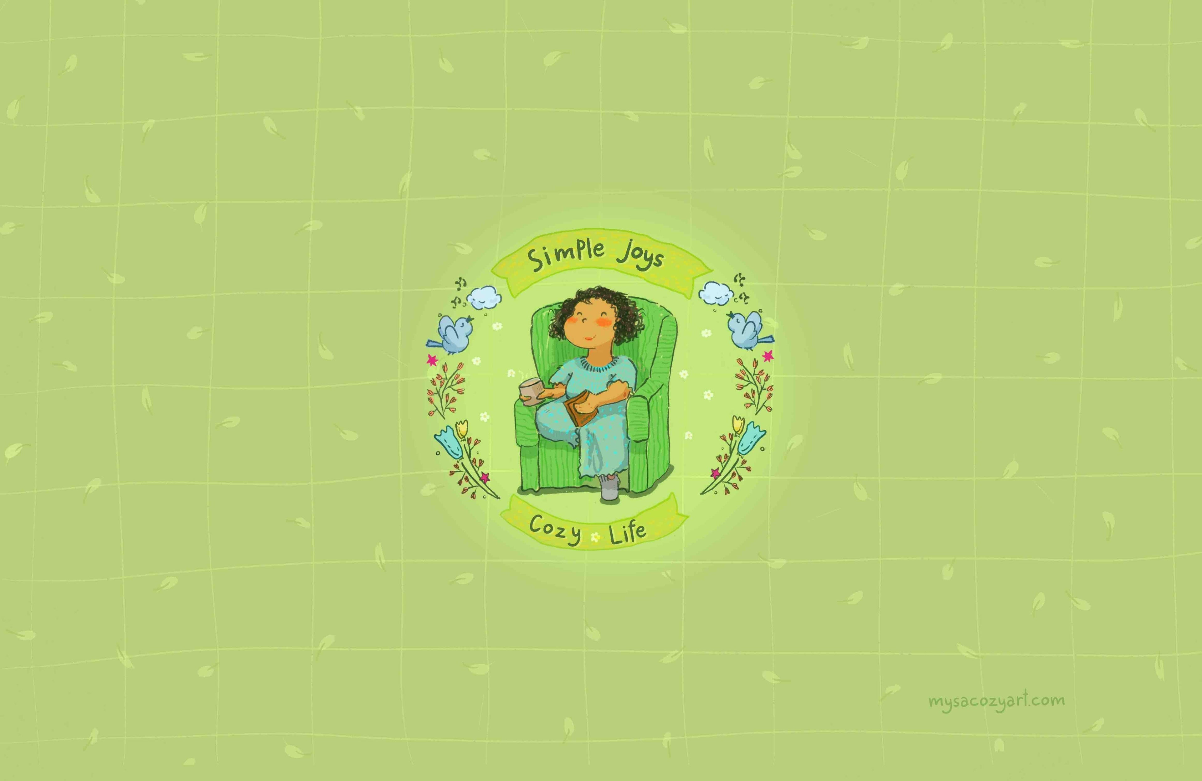 Matte laptop skin with an illustration of a girl reading on a couch with the text 'Simple joys, cozy life'