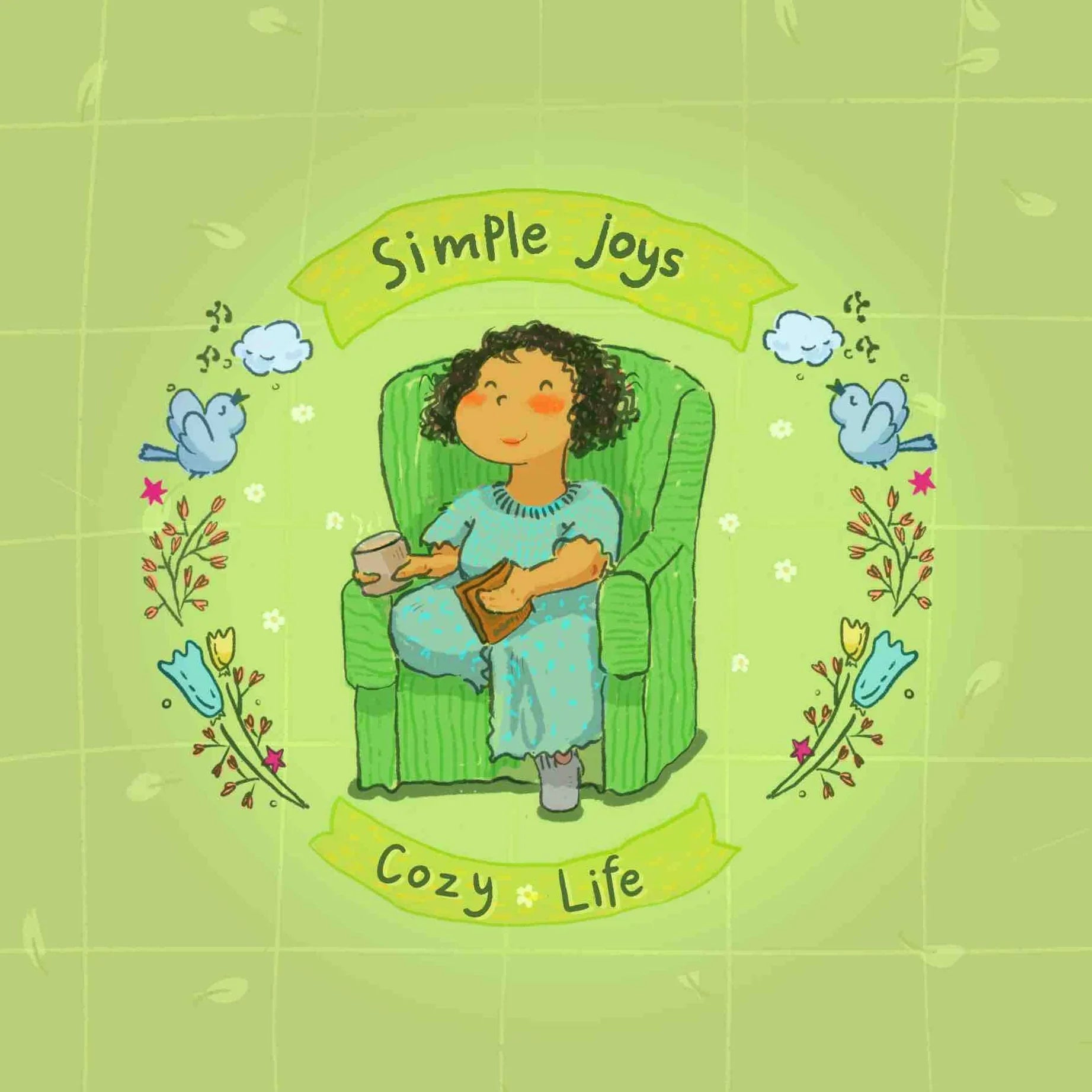 Matte laptop skin with an illustration of a girl reading on a couch with the text 'Simple joys, cozy life'