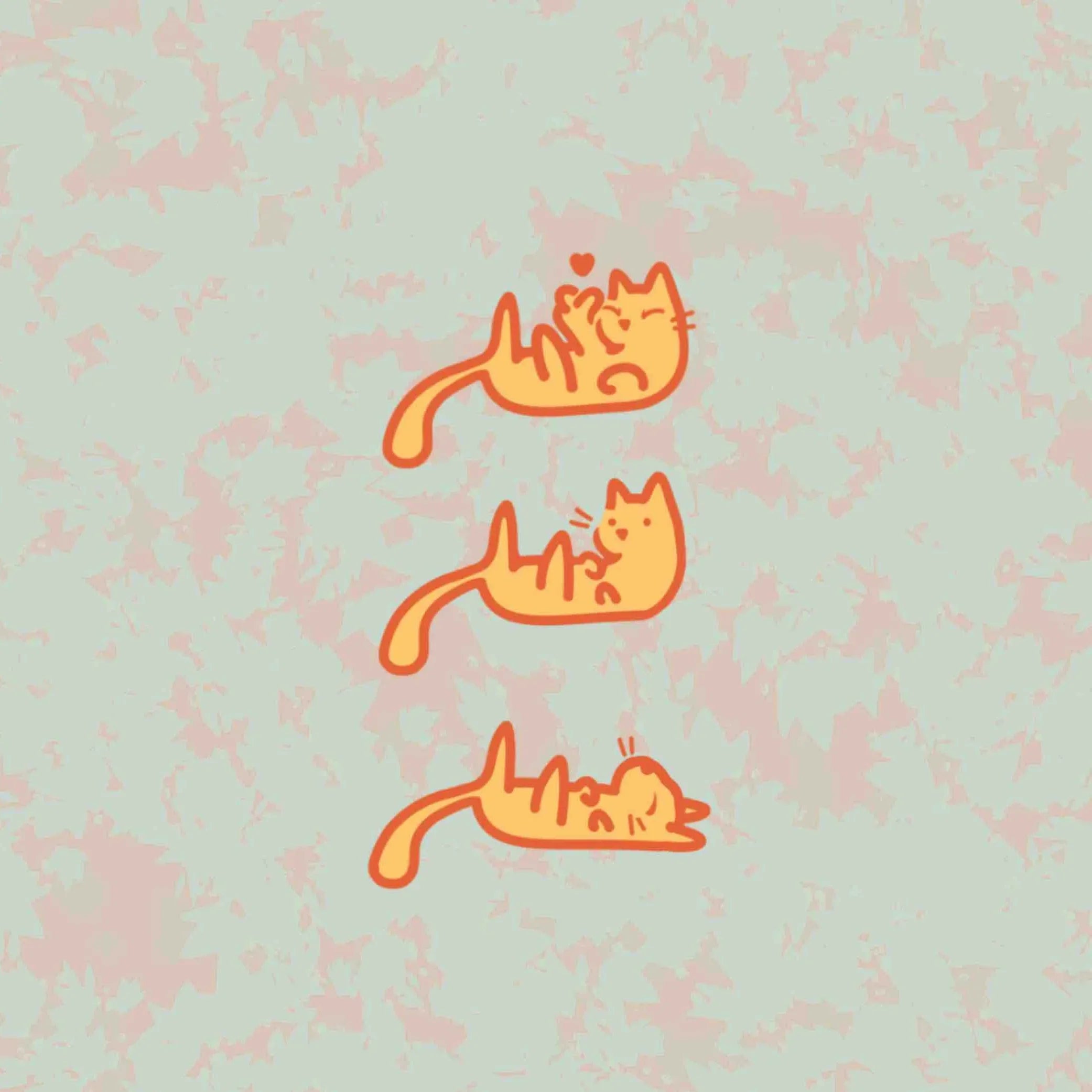 Hand-drawn illustration of three kittens on a laptop skin, showing a sleepy kitten, an alert kitten, and a kitten sending love.