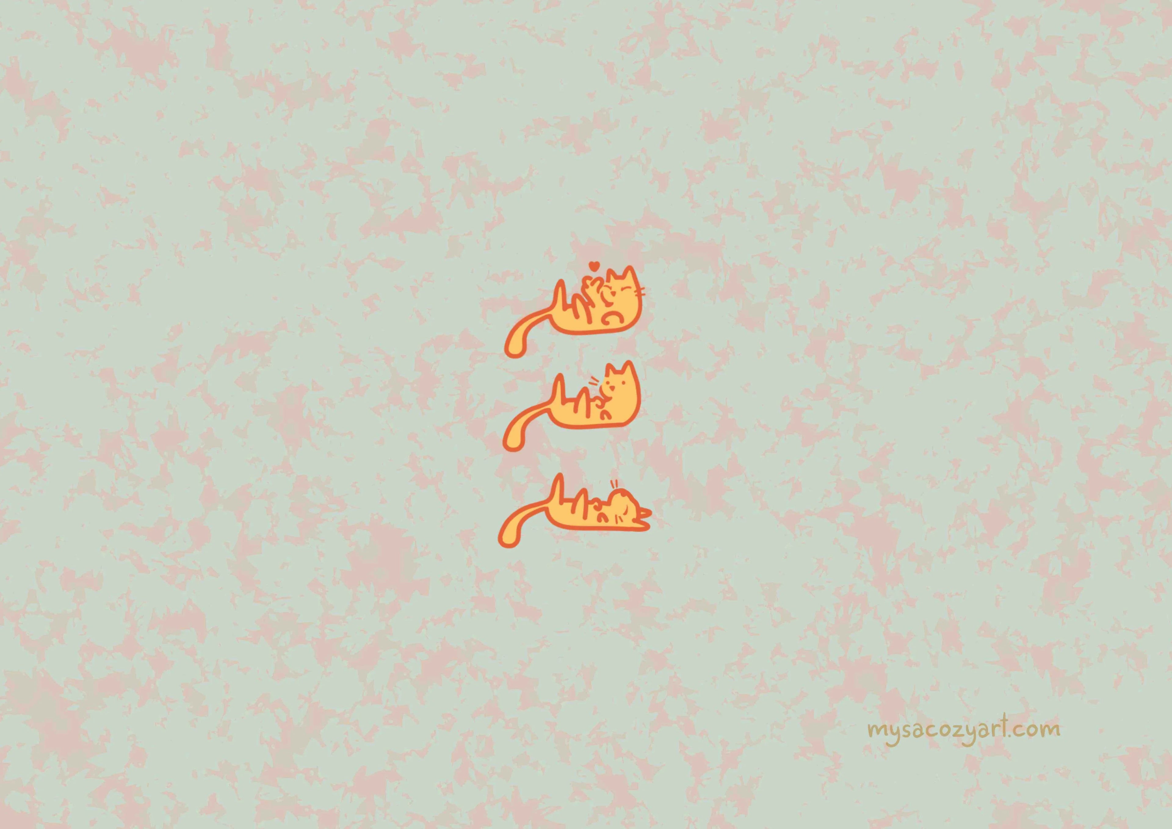 Hand-drawn illustration of three kittens on a laptop skin, showing a sleepy kitten, an alert kitten, and a kitten sending love.