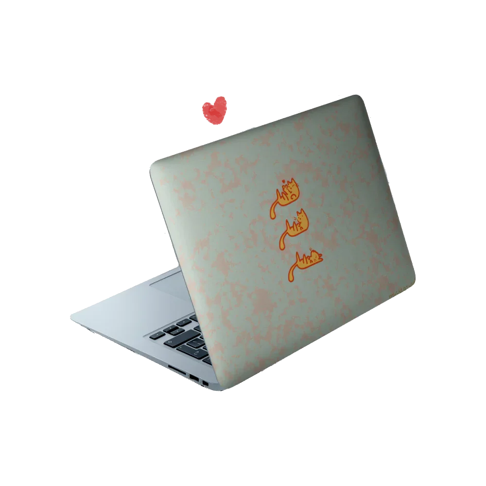 Hand-drawn illustration of three kittens on a laptop skin, showing a sleepy kitten, an alert kitten, and a kitten sending love.