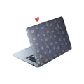 All-over pattern of various cat face expressions on a matte laptop skin, featuring sleepy, happy, and grumpy cats.