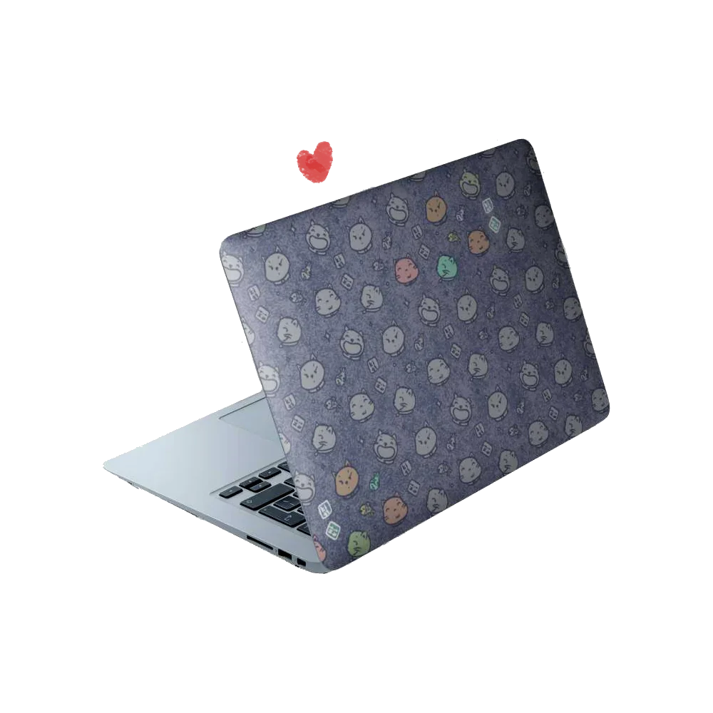 All-over pattern of various cat face expressions on a matte laptop skin, featuring sleepy, happy, and grumpy cats.