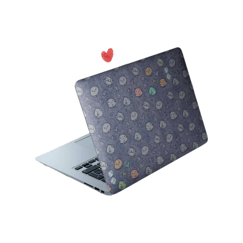 All-over pattern of various cat face expressions on a matte laptop skin, featuring sleepy, happy, and grumpy cats.