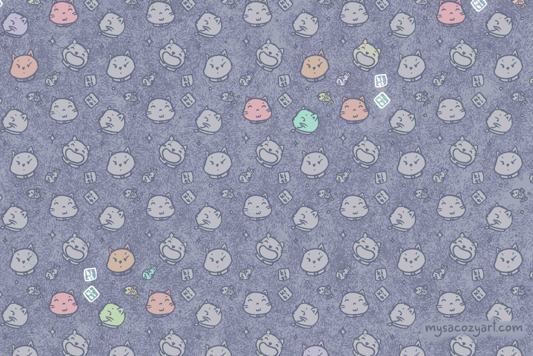 All-over pattern of various cat face expressions on a matte laptop skin, featuring sleepy, happy, and grumpy cats.