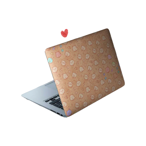 All-over pattern of various cat face expressions on a matte laptop skin, featuring sleepy, happy, and grumpy cats.