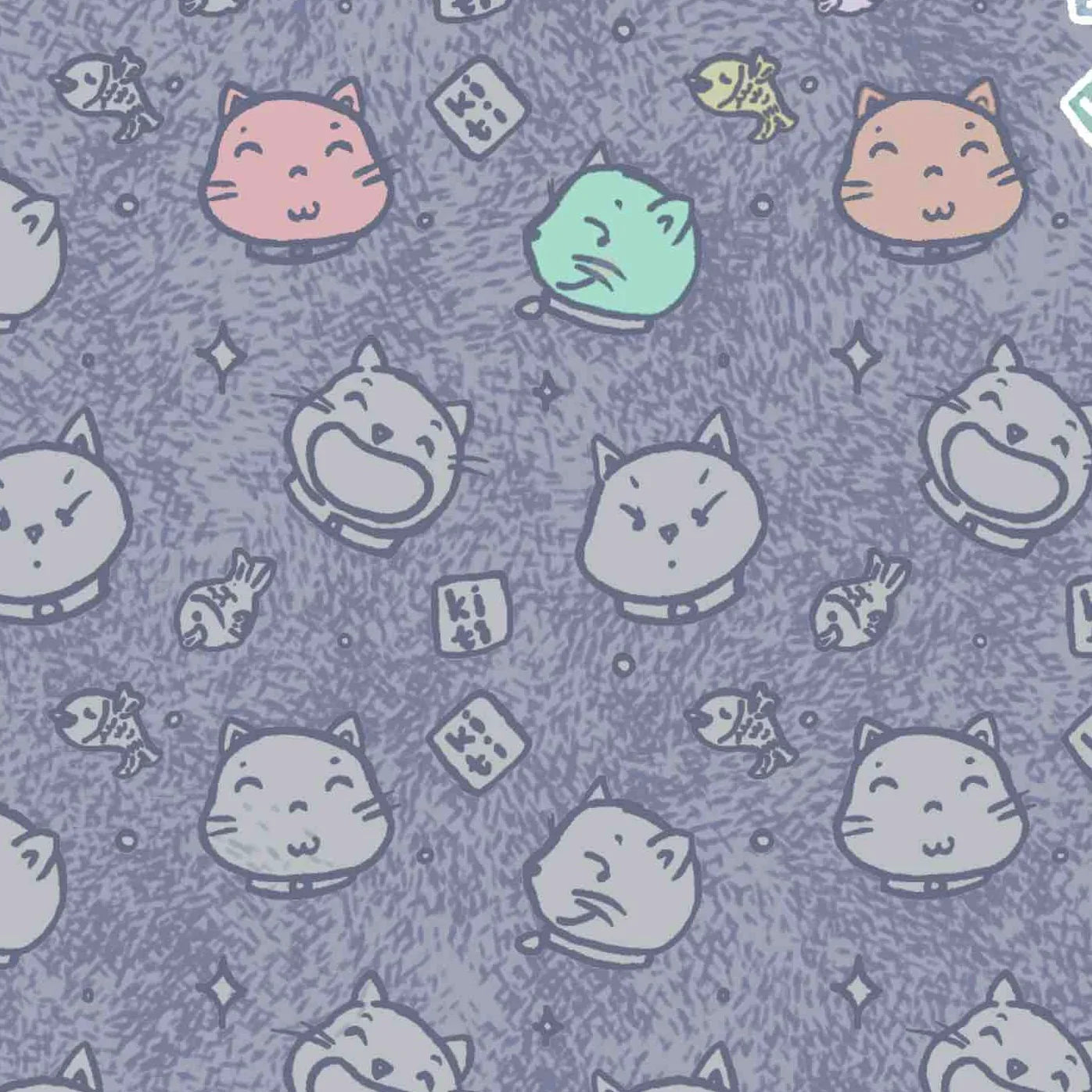 All-over pattern of various cat face expressions on a matte laptop skin, featuring sleepy, happy, and grumpy cats.