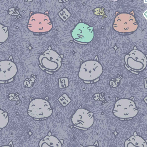 All-over pattern of various cat face expressions on a matte laptop skin, featuring sleepy, happy, and grumpy cats.